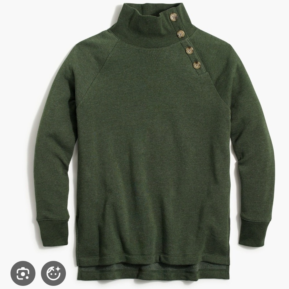 J.Crew Wide Button-Collar Tunic Sweatshirt Cloudspun Fleece Olive Green- Large